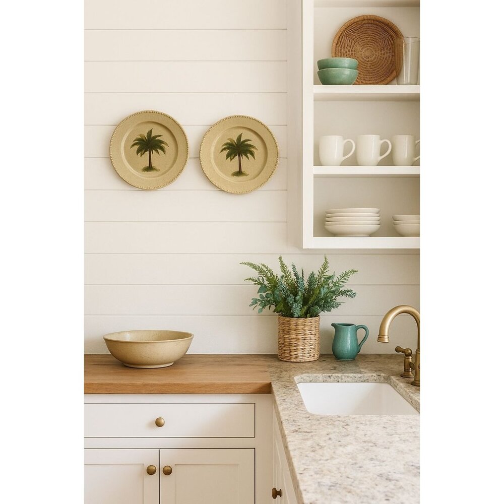 Palm Tree Decorative Plates Coastal Tropical Wall Art Charger Style Set of 2